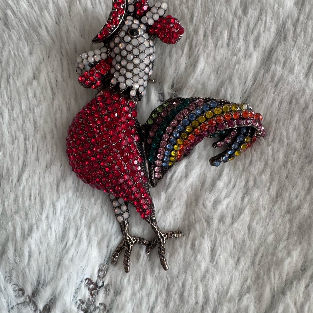 Colorful Rooster Brooch with Rhinestones